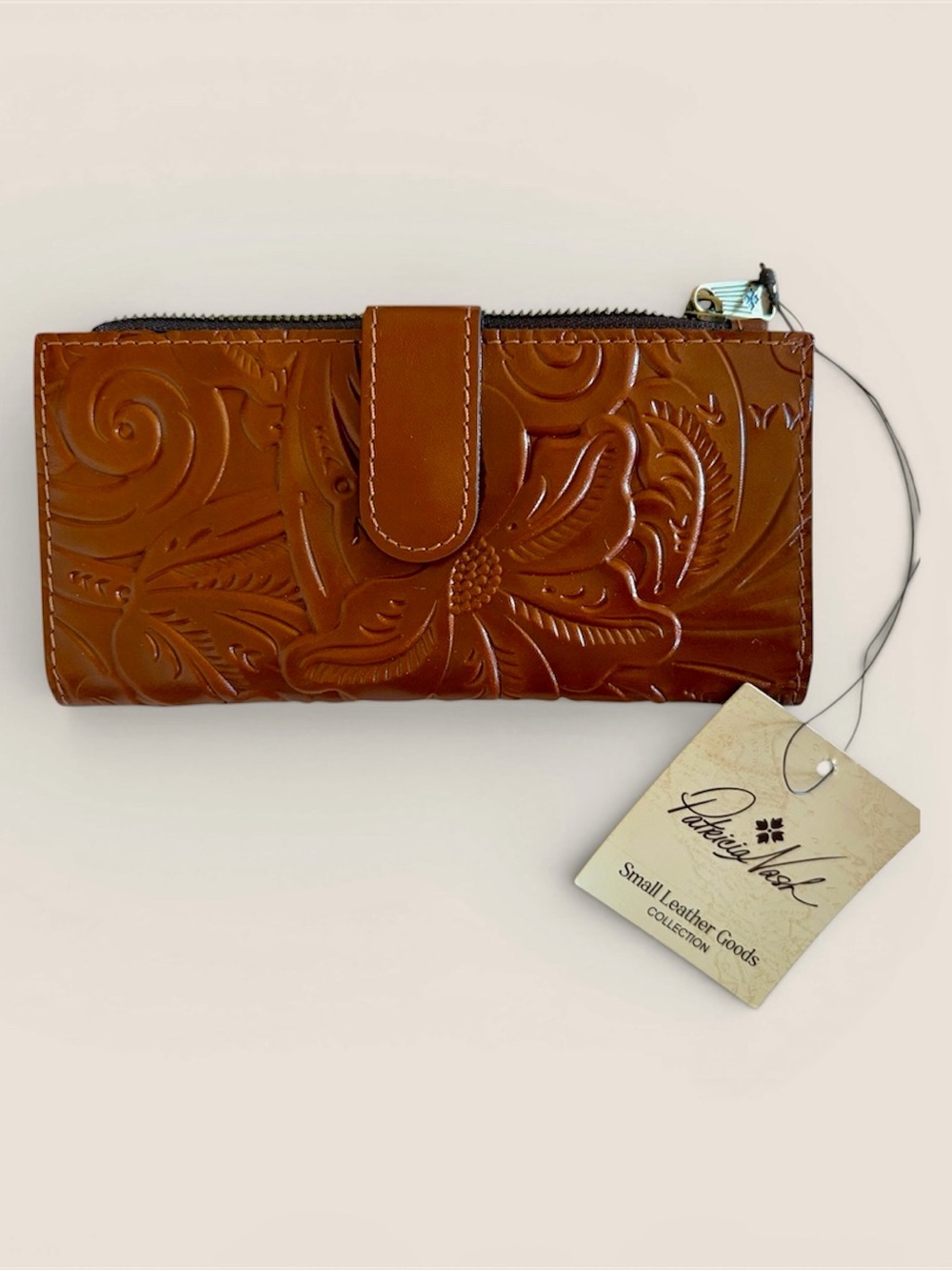 Patricia Nash Women's Cognac Tooled Leather Wallet w/Snap Closure